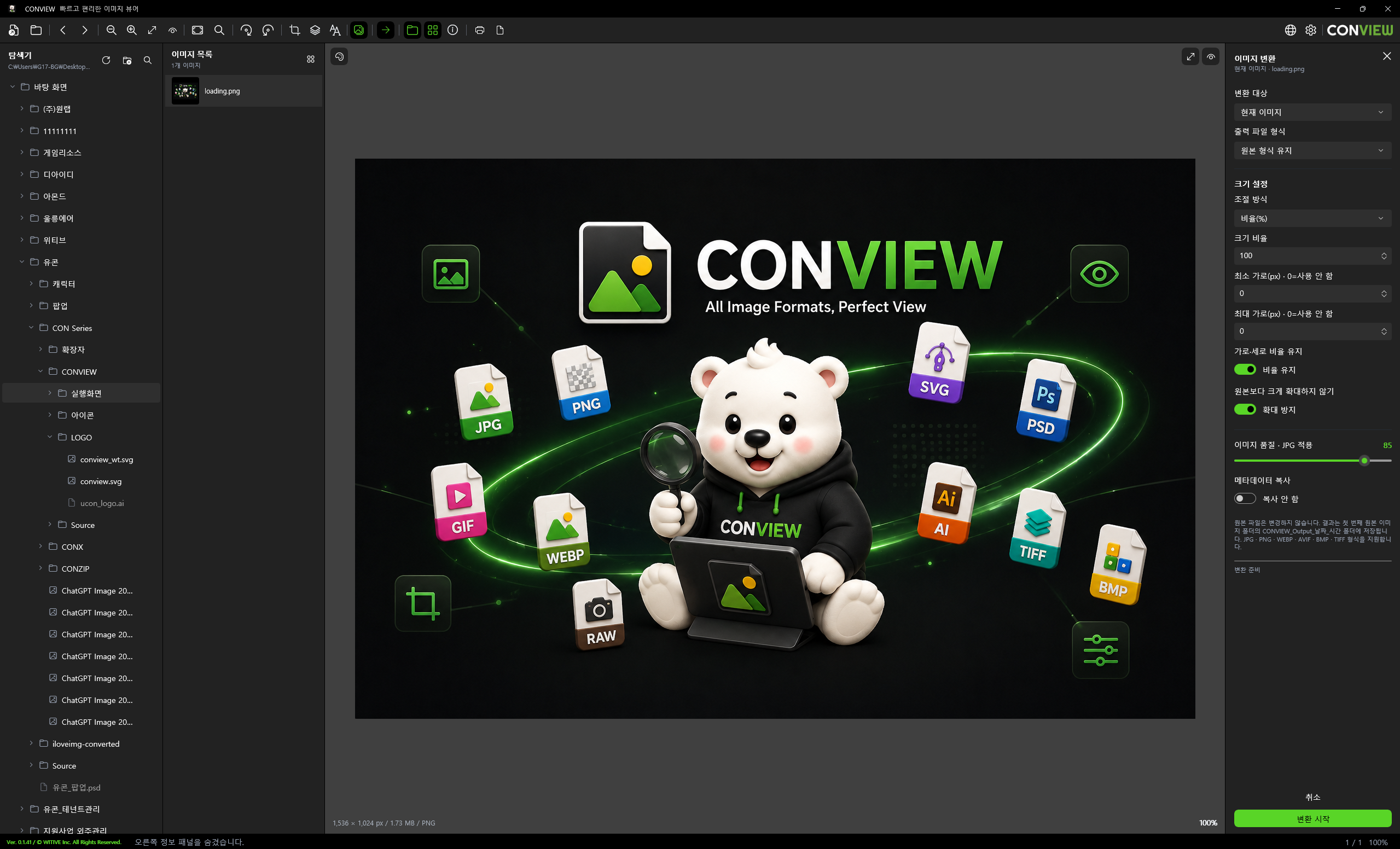 CONVIEW image format, size and quality conversion settings